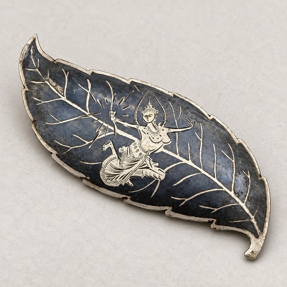 Vintage Niello Enamel Silver Tone Leaf Brooch Siam Lady Dancer Thailand 3"